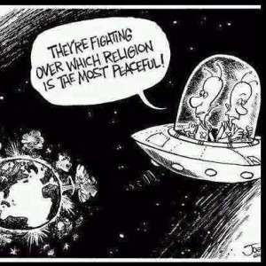 Earthlings Are Fighting Over Which Religion is the Most Peaceful, Aliens in Spaceship